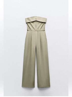Zara Strapless Fold-Over Wide-Leg Jumpsuit in Olive Green